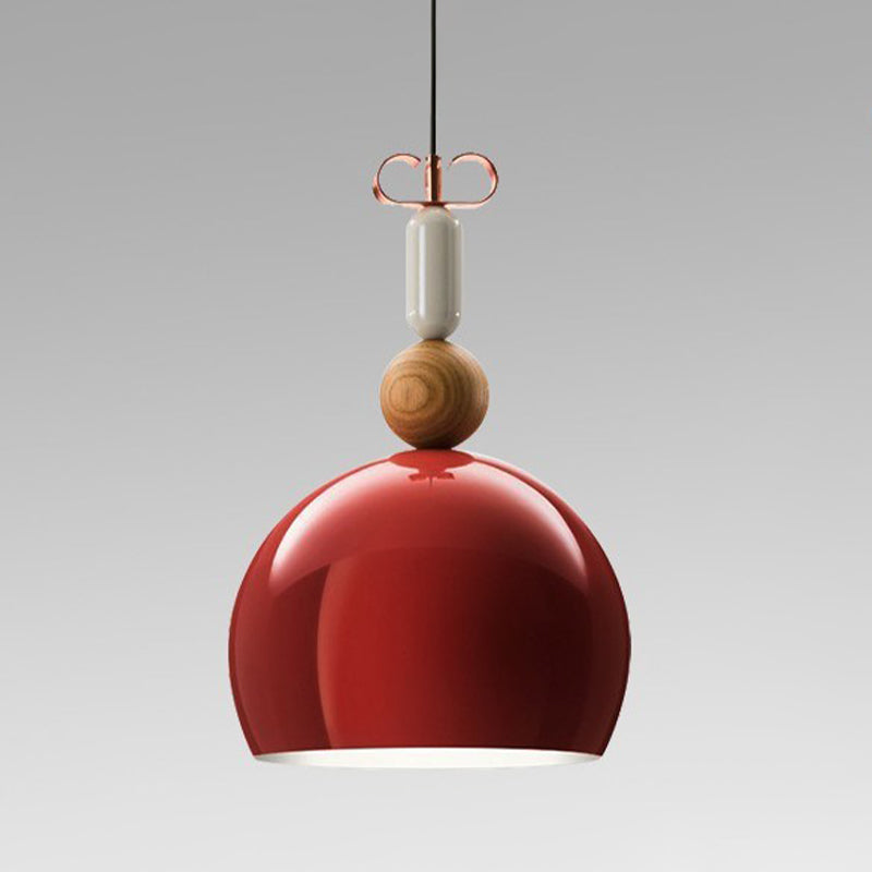 Contemporary Metal Domed Pendant Light Kit - 1-Light Down Lighting in Black/Red for Living Room
