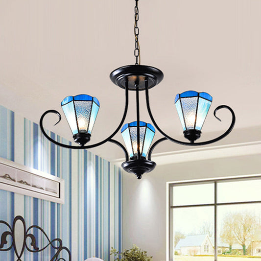 Suspension de plafond en forme de cône en verre dépoli bleu baroque - Noir avec 3/6/8 lumières, 18"/27,5"/32,5" L