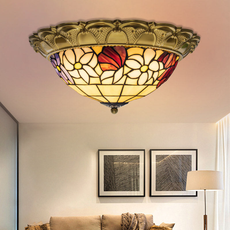 LED Stained Glass Flower Flush Mount Ceiling Light in Brass - Multiple Sizes Available
