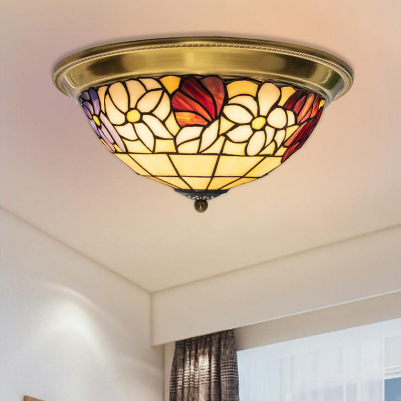 LED Stained Glass Flower Flush Mount Ceiling Light in Brass - Multiple Sizes Available