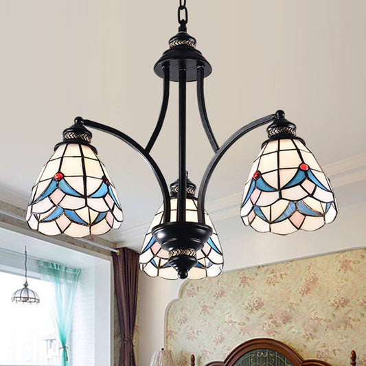 Lustre en vitrail - Bras à volutes, design méditerranéen, 3/5/8 lumières, suspension noire