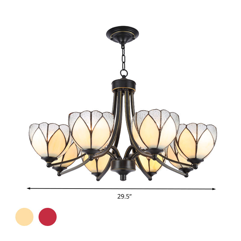 Lustre Tiffany à fleurs jaune/rouge avec verre dépoli - 3/6/8 lumières