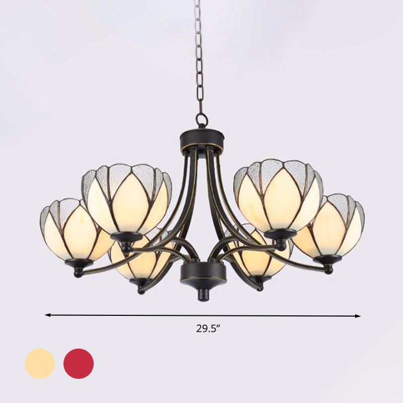 Lustre Tiffany à fleurs jaune/rouge avec verre dépoli - 3/6/8 lumières