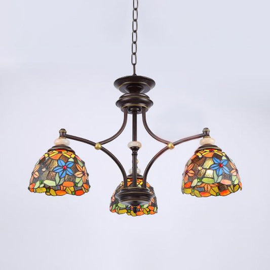 Lustre méditerranéen en verre teinté à fleurs : lampe suspendue noire pour salon avec 3/5/8 lumières