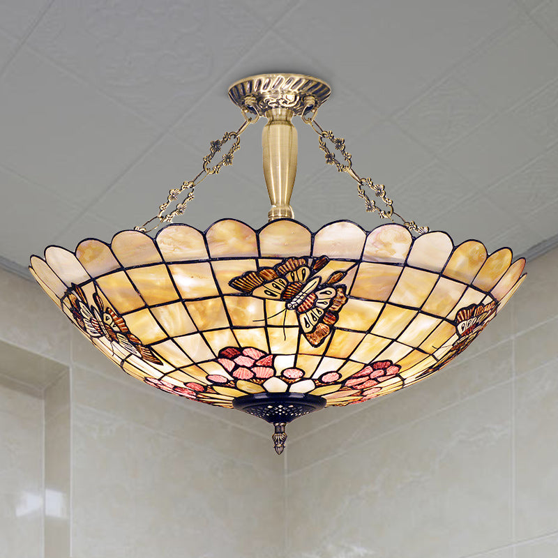 Plafonnier semi-encastré de style Tiffany avec abat-jour en forme de papillon, de rose et de coquillage