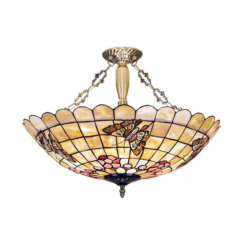 Plafonnier semi-encastré de style Tiffany avec abat-jour en forme de papillon, de rose et de coquillage