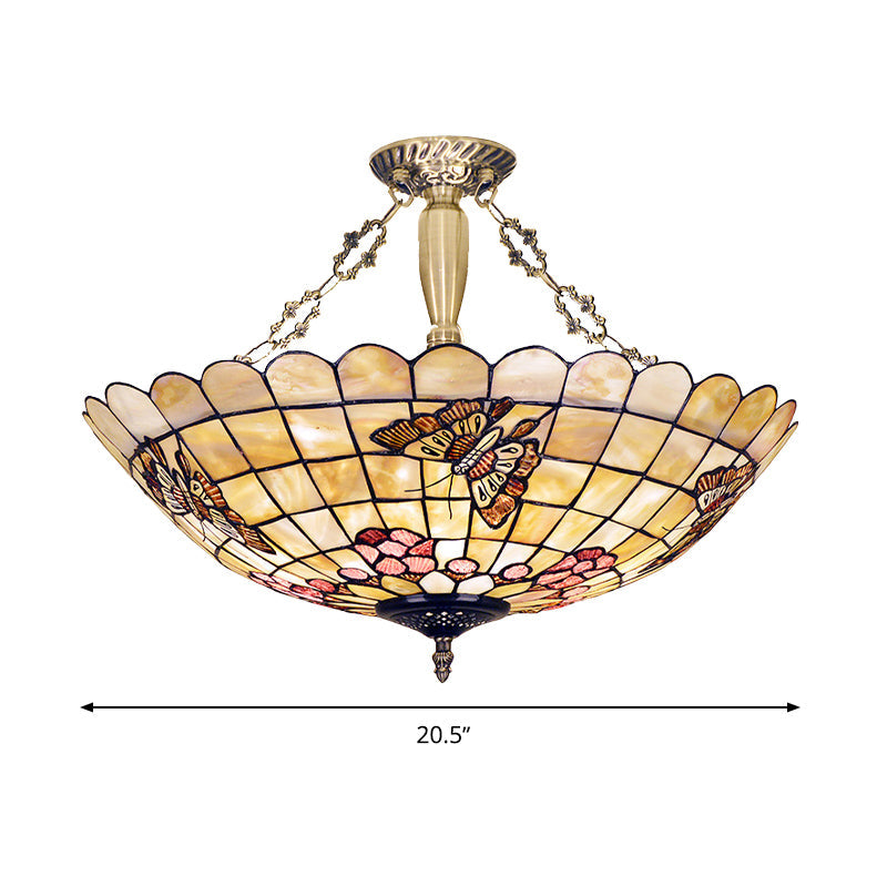 Plafonnier semi-encastré de style Tiffany avec abat-jour en forme de papillon, de rose et de coquillage