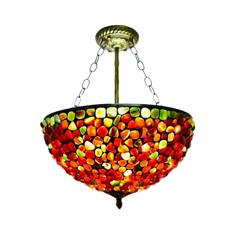 Mediterranean Stone Semi Flush Mount Ceiling Lamp With Antique Brass Finish - 3-Light