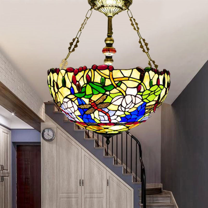 Dragonfly Stained Glass Semi Flush Lighting - Mediterranean Style 5 Lights Brass Ceiling Mount