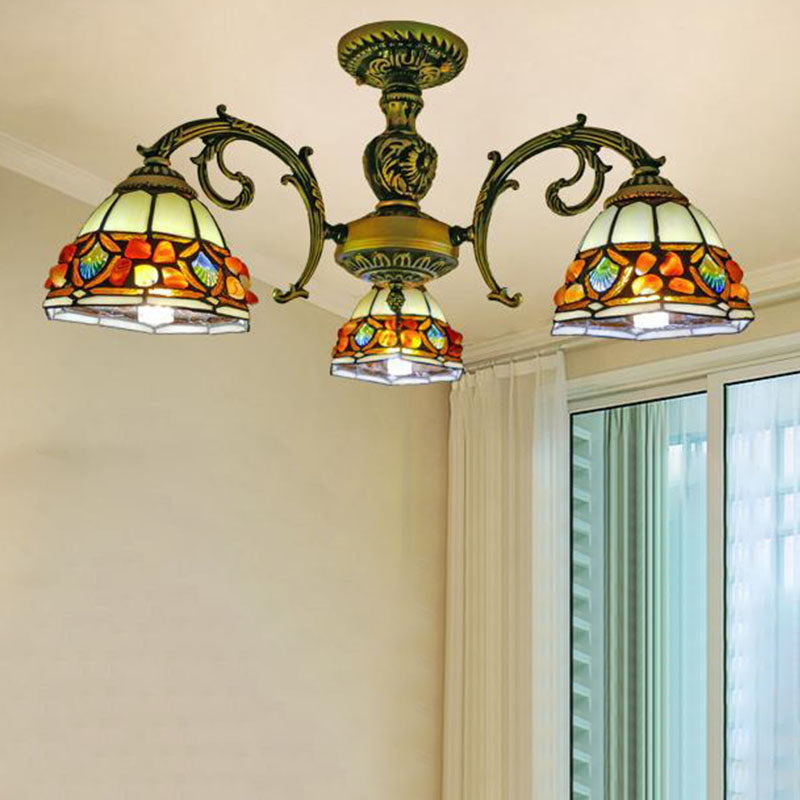 Antique Bronze Spot/Gem Chandelier Tiffany Pendant - Stained Glass, 3/5/8 Lights