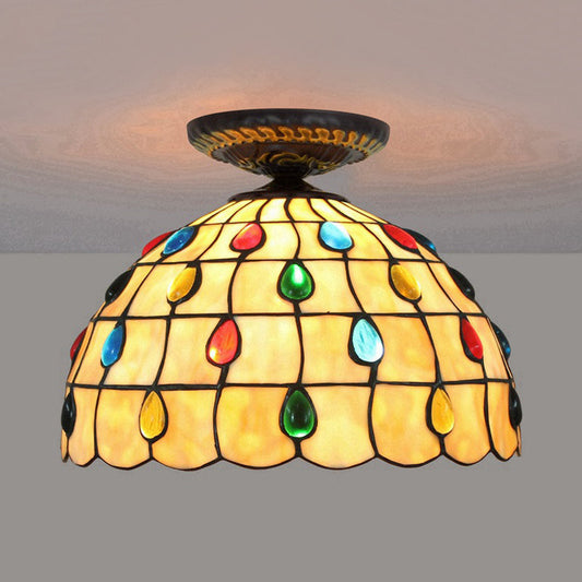 Tiffany-Style Stained Glass Jeweled Ceiling Light in Bronze Flush Mount, Multiple Sizes Available