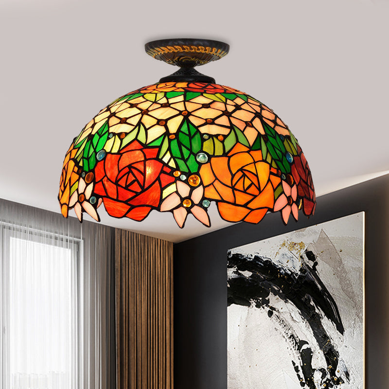 Bronze Rose/Flower Tiffany Ceiling Lamp - Multicolored Stained Glass Flush Mount Lighting
