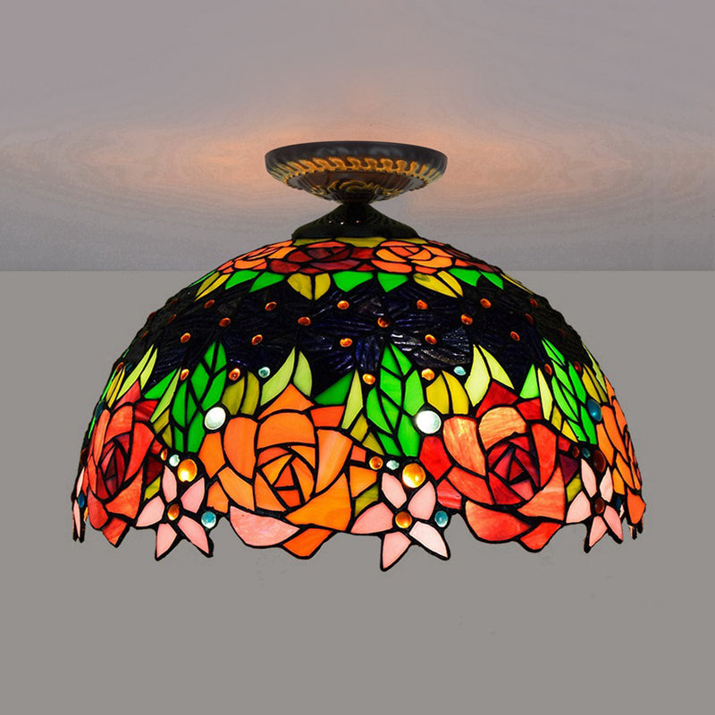 Bronze Rose/Flower Tiffany Ceiling Lamp - Multicolored Stained Glass Flush Mount Lighting