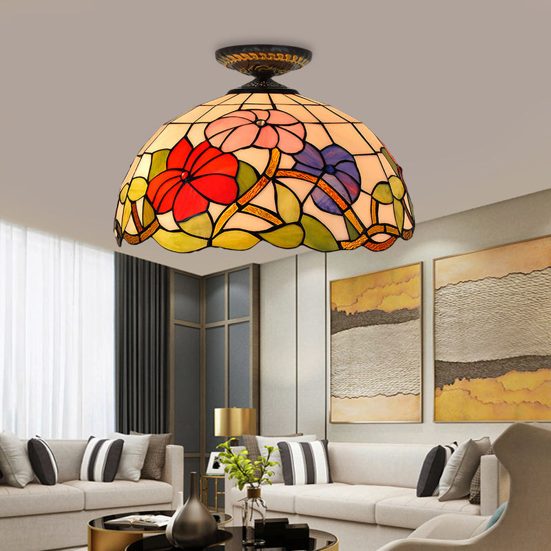 Tiffany Peony Flush Mount Lamp: Stained Glass Ceiling Lighting Fixture in Bronze, 12"/16" Wide