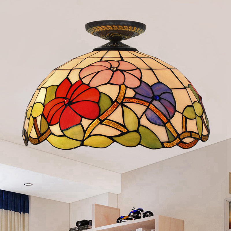 Tiffany Peony Flush Mount Lamp: Stained Glass Ceiling Lighting Fixture In Bronze 12/16 Wide