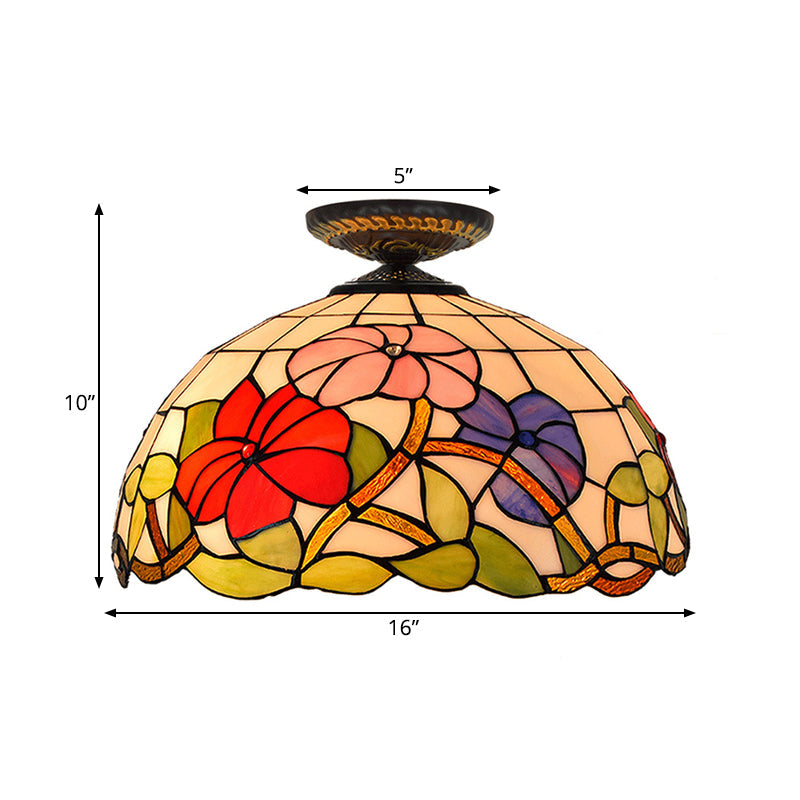 Tiffany Peony Flush Mount Lamp: Stained Glass Ceiling Lighting Fixture in Bronze, 12"/16" Wide