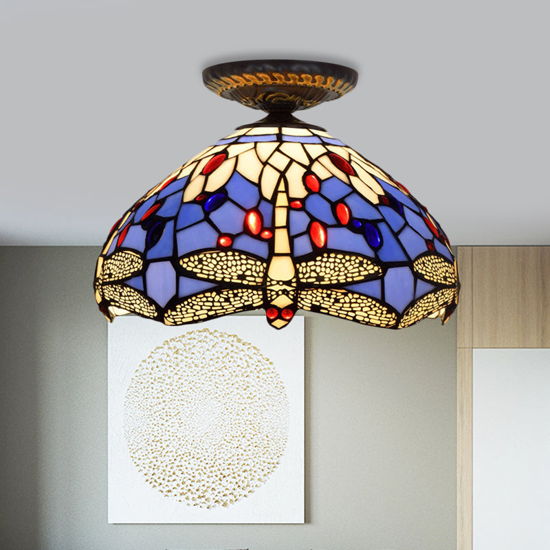 Lampe à encastrer Tiffany Dragonfly - Luminaire en verre teinté près du plafond en laiton