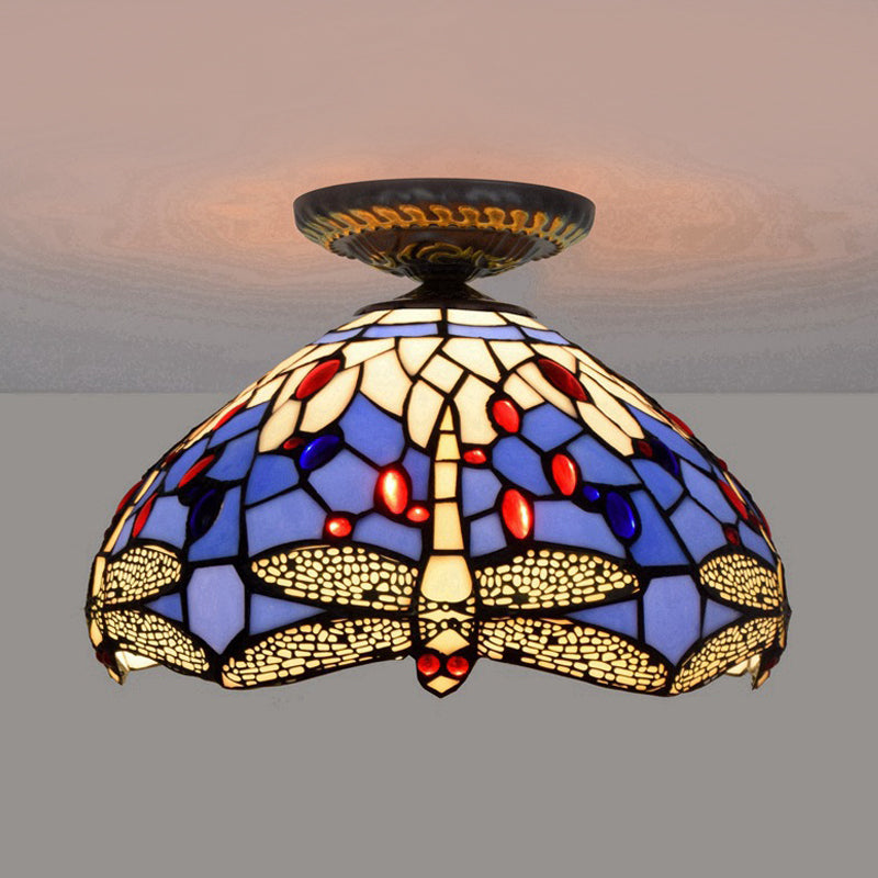 Lampe à encastrer Tiffany Dragonfly - Luminaire en verre teinté près du plafond en laiton