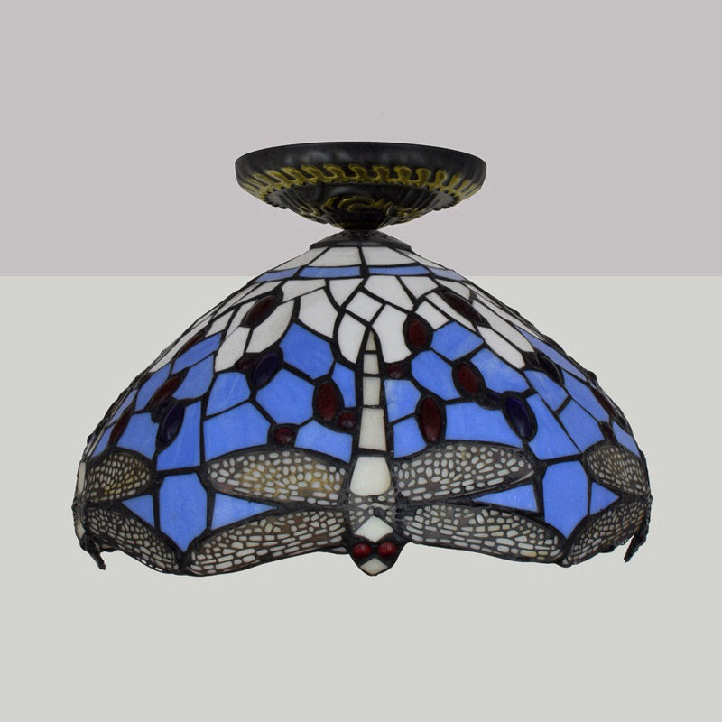 Lampe à encastrer Tiffany Dragonfly - Luminaire en verre teinté près du plafond en laiton