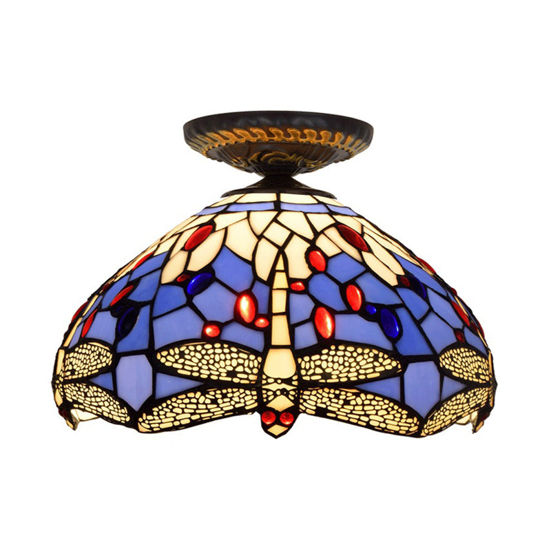 Lampe à encastrer Tiffany Dragonfly - Luminaire en verre teinté près du plafond en laiton