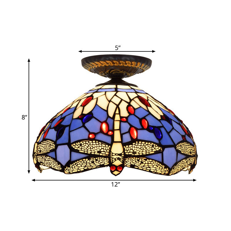 Lampe à encastrer Tiffany Dragonfly - Luminaire en verre teinté près du plafond en laiton