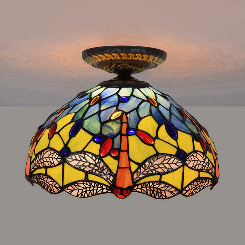 Lampe à encastrer Tiffany Dragonfly - Luminaire en verre teinté près du plafond en laiton