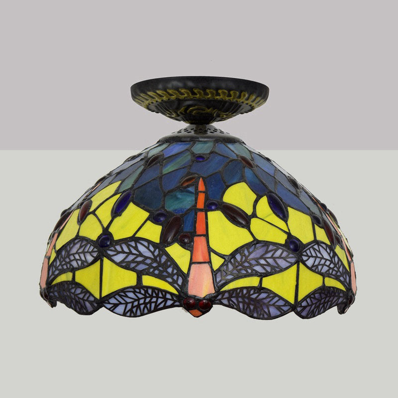 Lampe à encastrer Tiffany Dragonfly - Luminaire en verre teinté près du plafond en laiton