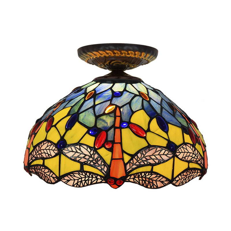 Lampe à encastrer Tiffany Dragonfly - Luminaire en verre teinté près du plafond en laiton
