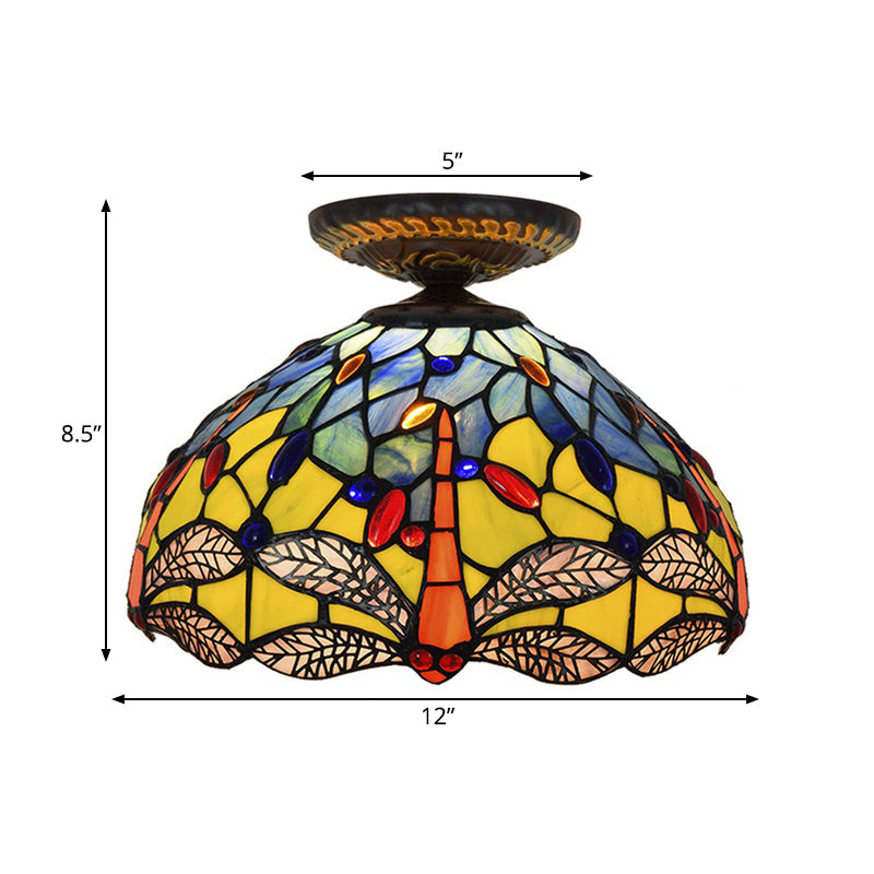 Lampe à encastrer Tiffany Dragonfly - Luminaire en verre teinté près du plafond en laiton