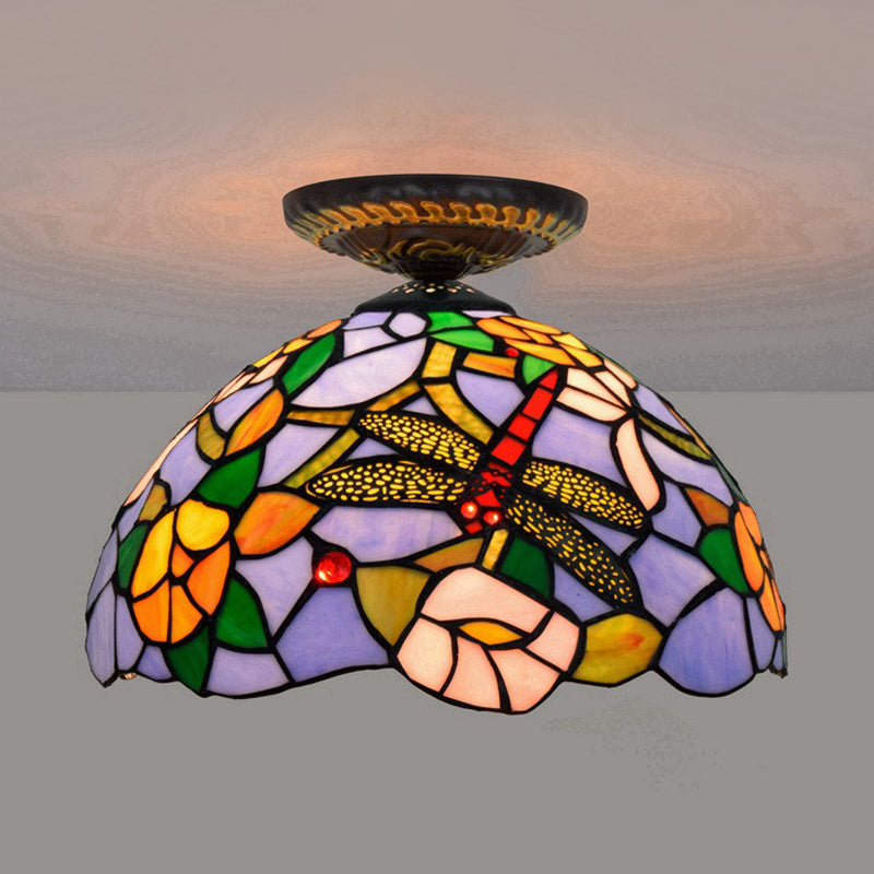 Lampe à encastrer Tiffany Dragonfly - Luminaire en verre teinté près du plafond en laiton