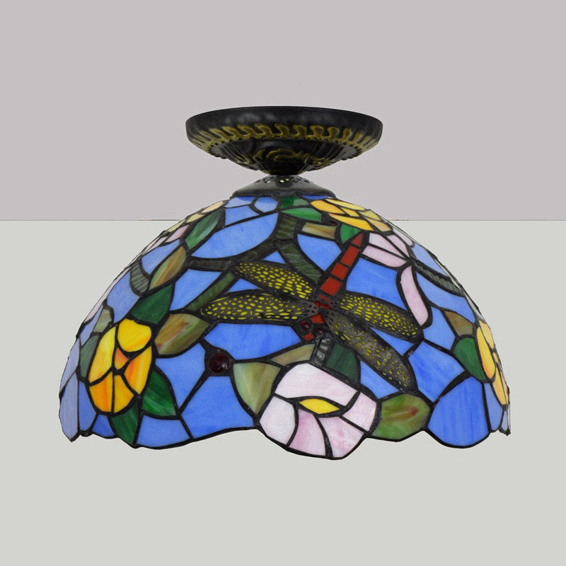 Lampe à encastrer Tiffany Dragonfly - Luminaire en verre teinté près du plafond en laiton