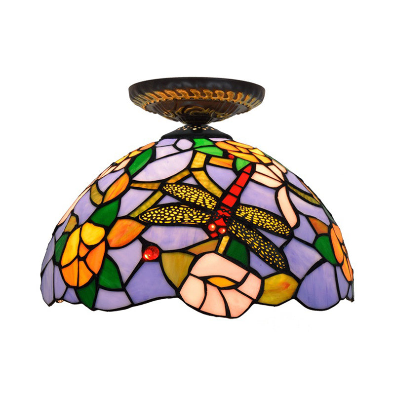 Lampe à encastrer Tiffany Dragonfly - Luminaire en verre teinté près du plafond en laiton