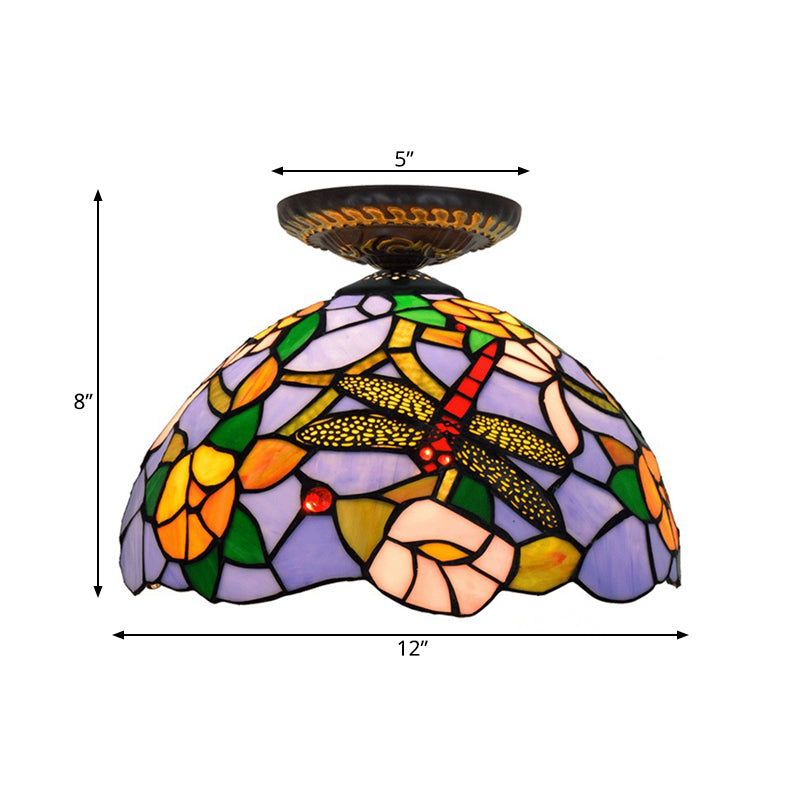 Lampe à encastrer Tiffany Dragonfly - Luminaire en verre teinté près du plafond en laiton