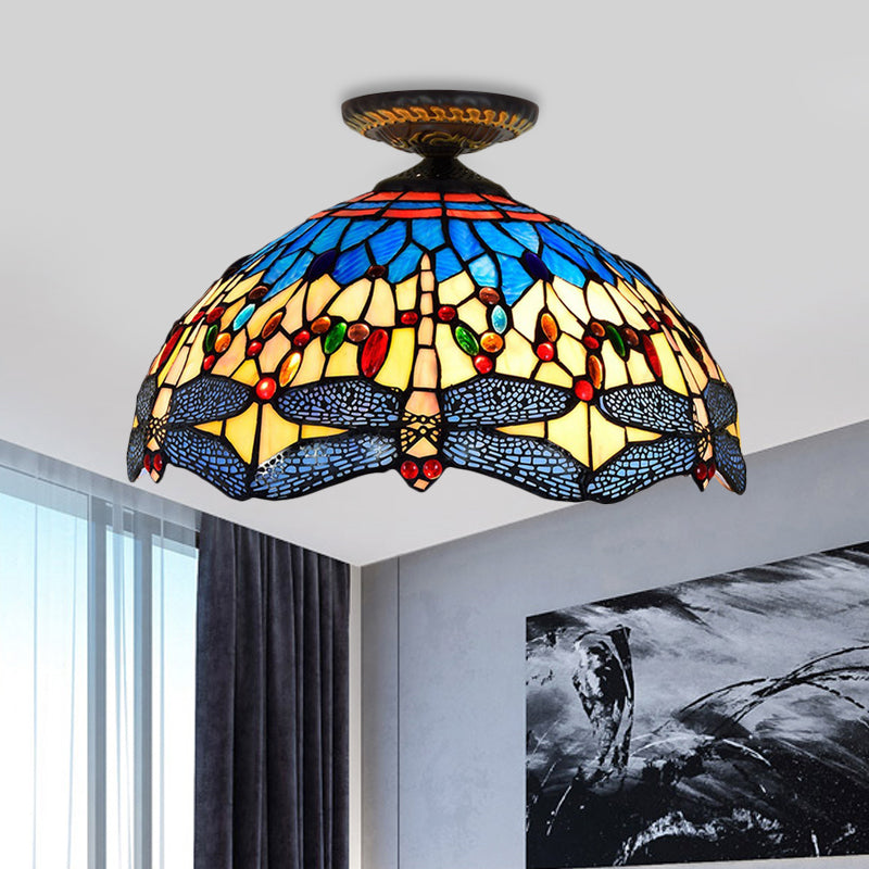 Tiffany White/Red Dragonfly Stained Glass Porch Ceiling Mount Lamp