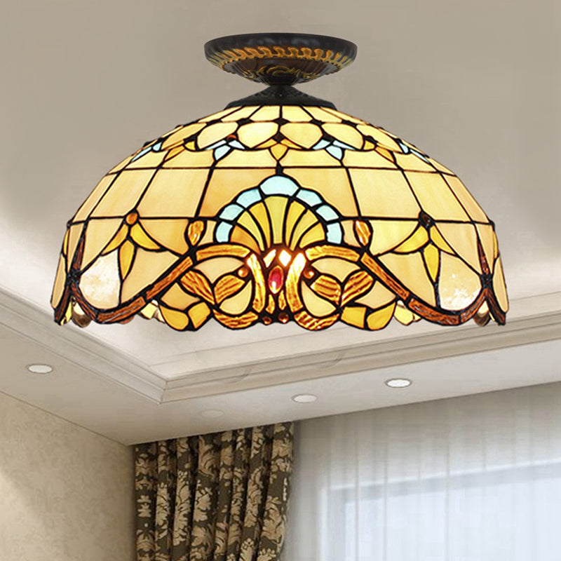 Tiffany Hand Rolled Art Glass Floral Flush Mount Light with Yellow/Blue Shade, 12"/16" W