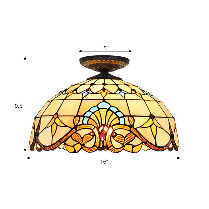 Tiffany Hand Rolled Art Glass Floral Flush Mount Light with Yellow/Blue Shade, 12"/16" W