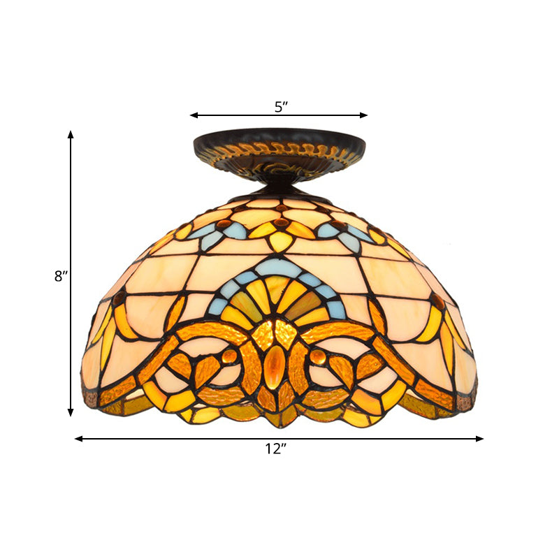 Tiffany Hand Rolled Art Glass Floral Flush Mount Light with Yellow/Blue Shade, 12"/16" W