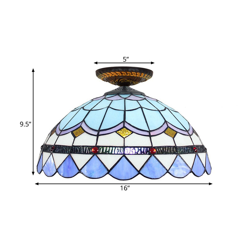 Tiffany Hand Rolled Art Glass Floral Flush Mount Light with Yellow/Blue Shade, 12"/16" W