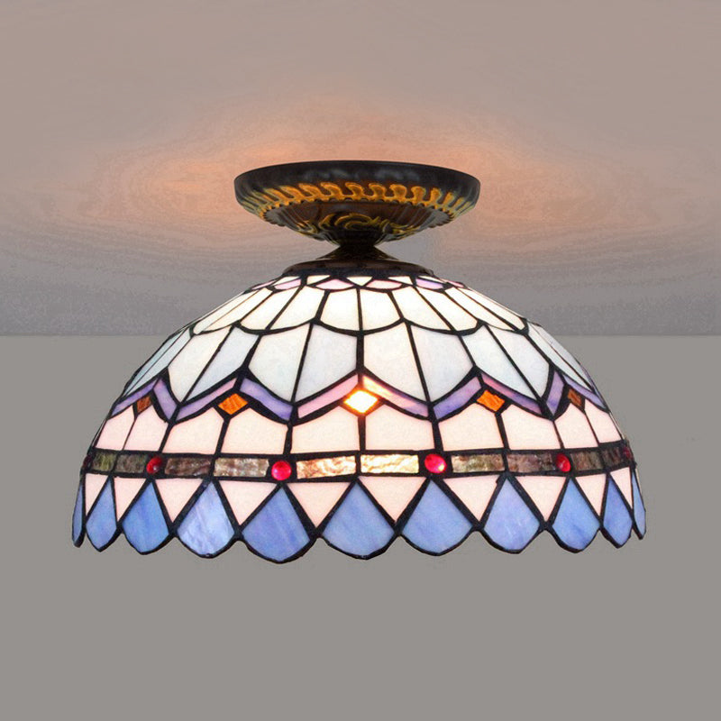 Tiffany Hand Rolled Art Glass Floral Flush Mount Light with Yellow/Blue Shade, 12"/16" W