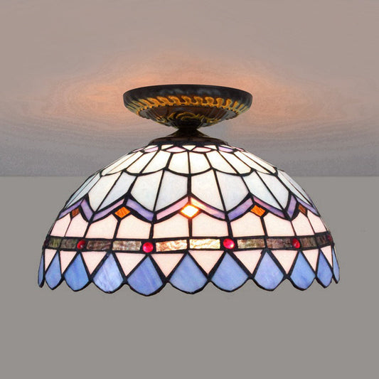 Tiffany Hand Rolled Art Glass Floral Flush Mount Light with Yellow/Blue Shade, 12"/16" W