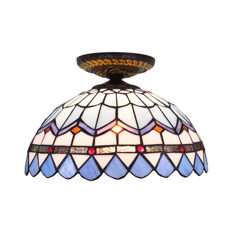 Tiffany Hand Rolled Art Glass Floral Flush Mount Light with Yellow/Blue Shade, 12"/16" W