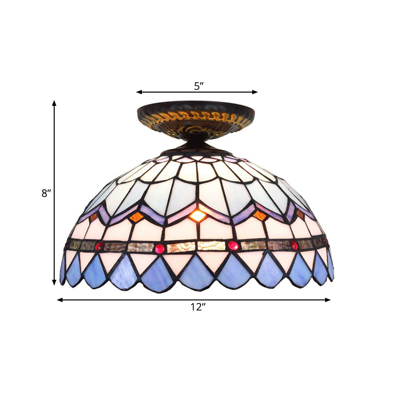 Tiffany Hand Rolled Art Glass Floral Flush Mount Light with Yellow/Blue Shade, 12"/16" W