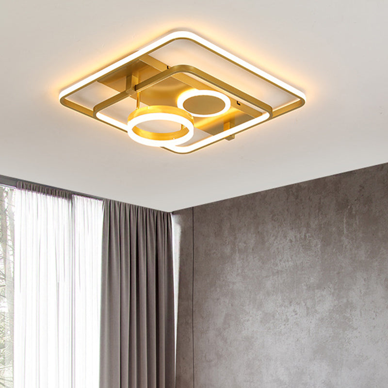 Gold LED Flush Mount Ceiling Light - Minimalist Square Acrylic Design, 18"/21.5" Wide for Bedroom