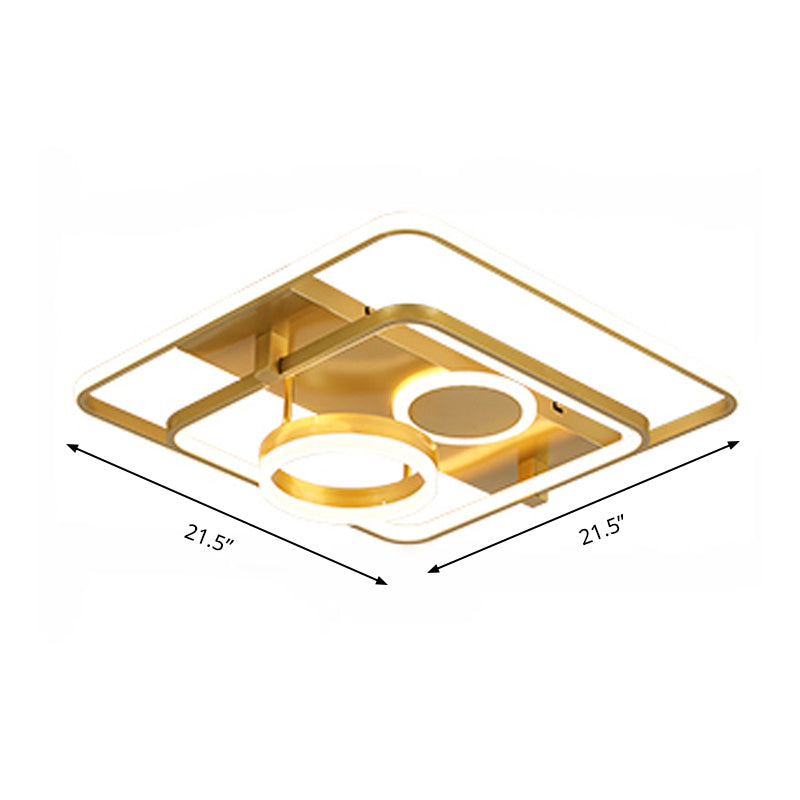 Gold LED Flush Mount Ceiling Light - Minimalist Square Acrylic Design, 18"/21.5" Wide for Bedroom