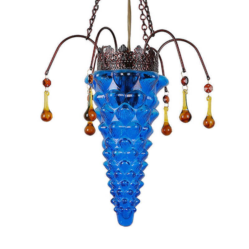 Vintage Textured Glass Pendant Light - Conical Shape 1-Light Red/Yellow/Blue Design Perfect For