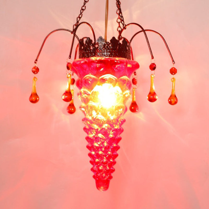 Vintage Textured Glass Pendant Light - Conical Shape 1-Light Red/Yellow/Blue Design Perfect For