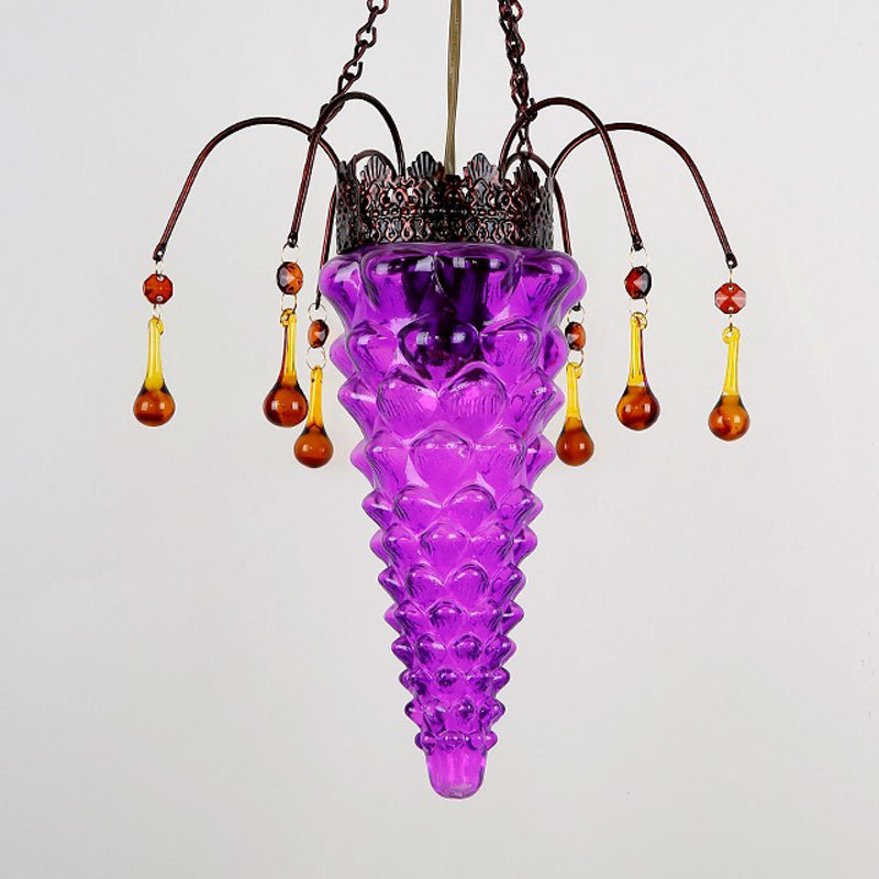 Vintage Textured Glass Pendant Light - Conical Shape 1-Light Red/Yellow/Blue Design Perfect For