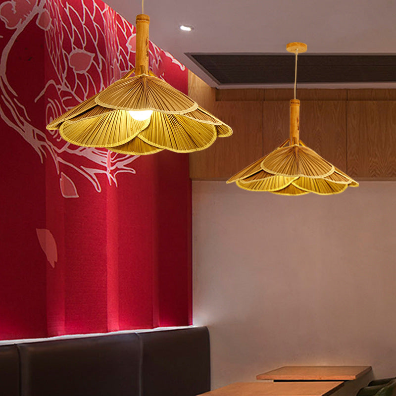 Lampe suspendue en forme d'éventail en bambou avec finition en bois - Parfait pour les salles à manger, suspension à une lumière