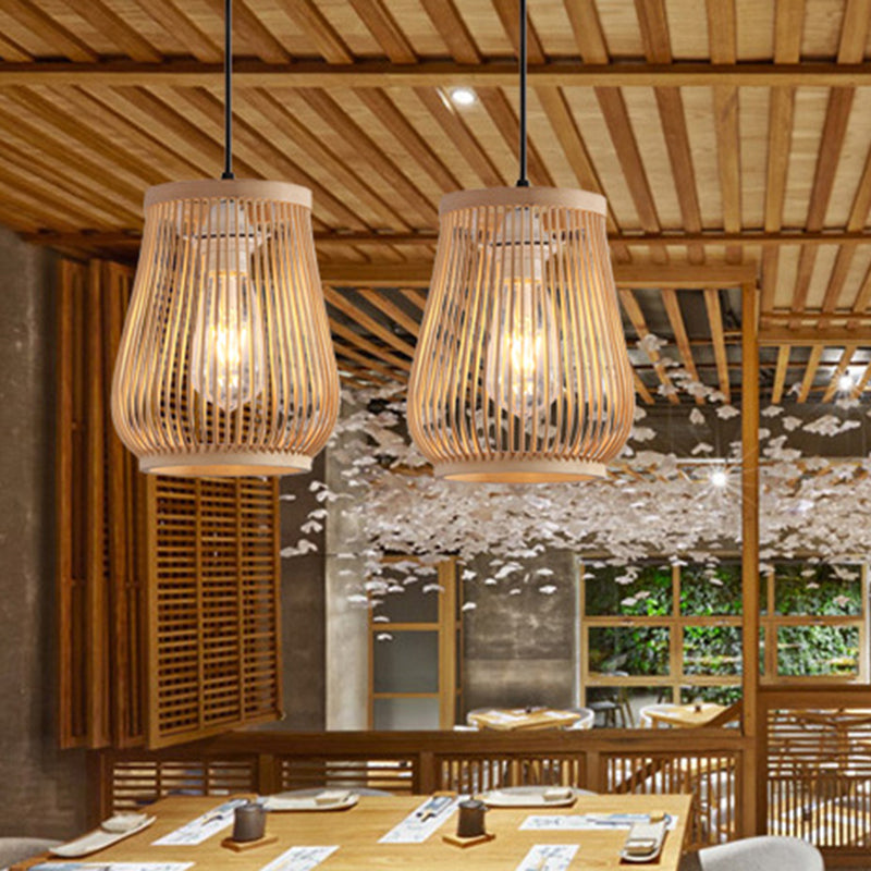 Modern Bamboo Pendant Light in Beige: Barrel Style Down Lighting for Dining Room