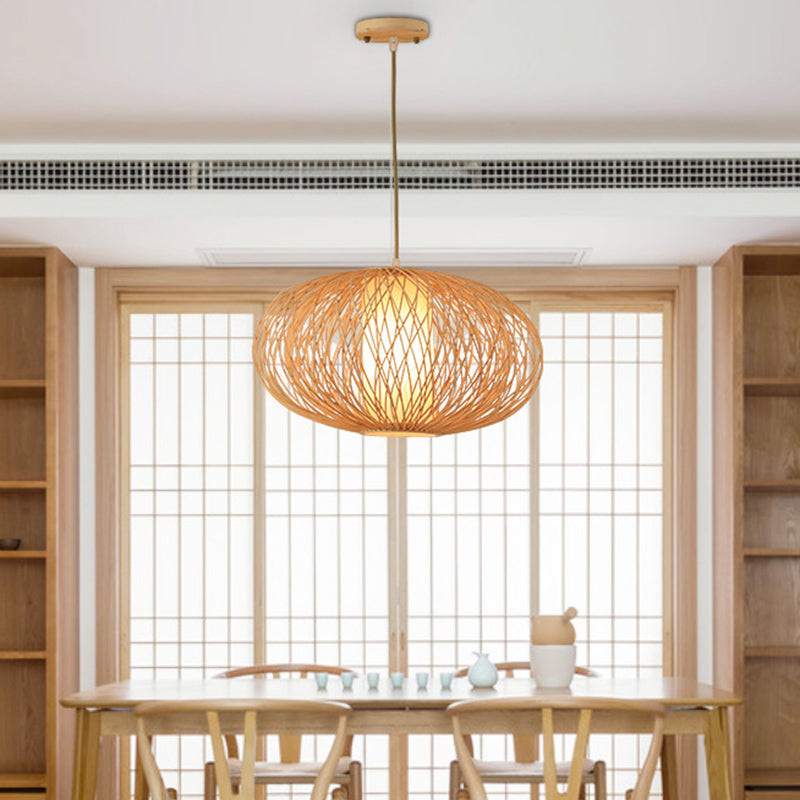 Modern Bamboo Pendant Light Fixture - Cross Woven Design - 1 Light - Beige - Dining Room Lighting